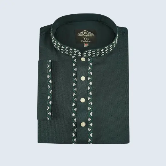 Dark green Micro Fiber men's panjabi with white and light green geometric embroidered collar and placket, white round buttons, displayed on a light blue background