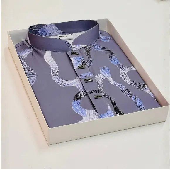 Greyish-blue China Stretch men's printed panjabi with white and blue abstract pattern design, black rectangular metal buttons, displayed in a light cream box