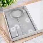 Light grey China Stretch men's printed panjabi with white star_sunburst pattern design, white round buttons, displayed in a white gift box