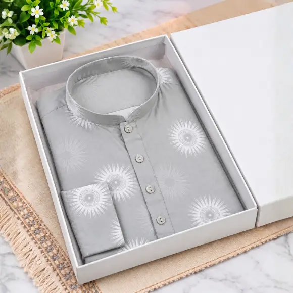 Light grey China Stretch men's printed panjabi with white star_sunburst pattern design, white round buttons, displayed in a white gift box