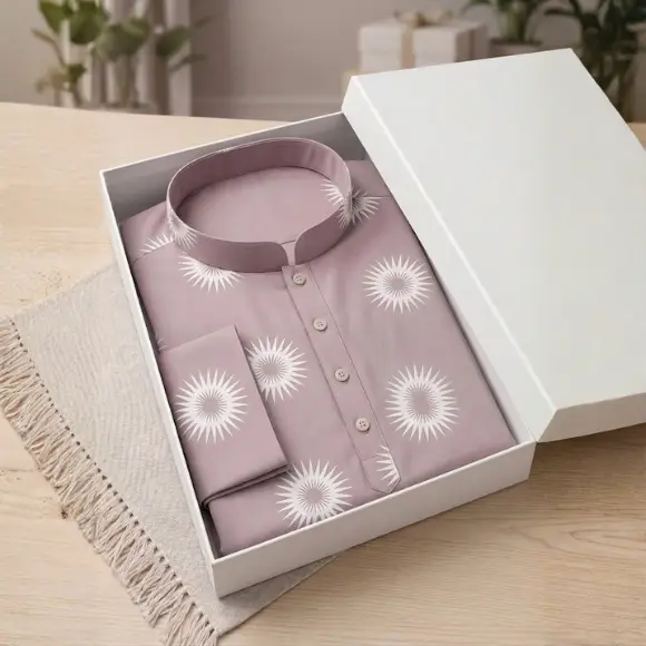 Light pink China Stretch men's printed panjabi with white star_sunburst pattern design, light round buttons, displayed in a white gift box