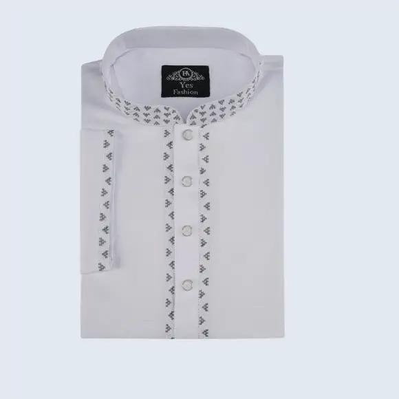 White Micro Fiber men's panjabi with black and white geometric embroidered collar and placket, white round buttons, displayed on a light blue background